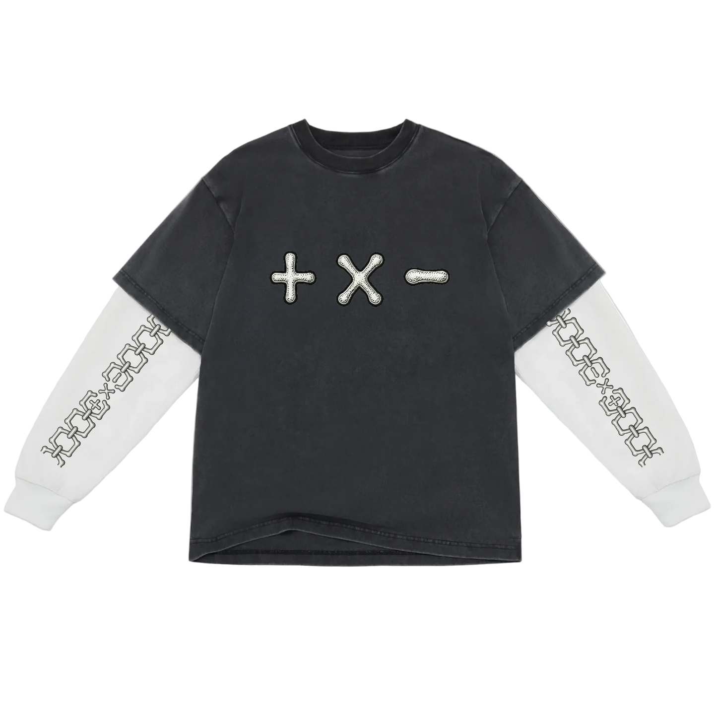 Black long-sleeve shirt with white sleeves featuring symbols and patterns on a white background