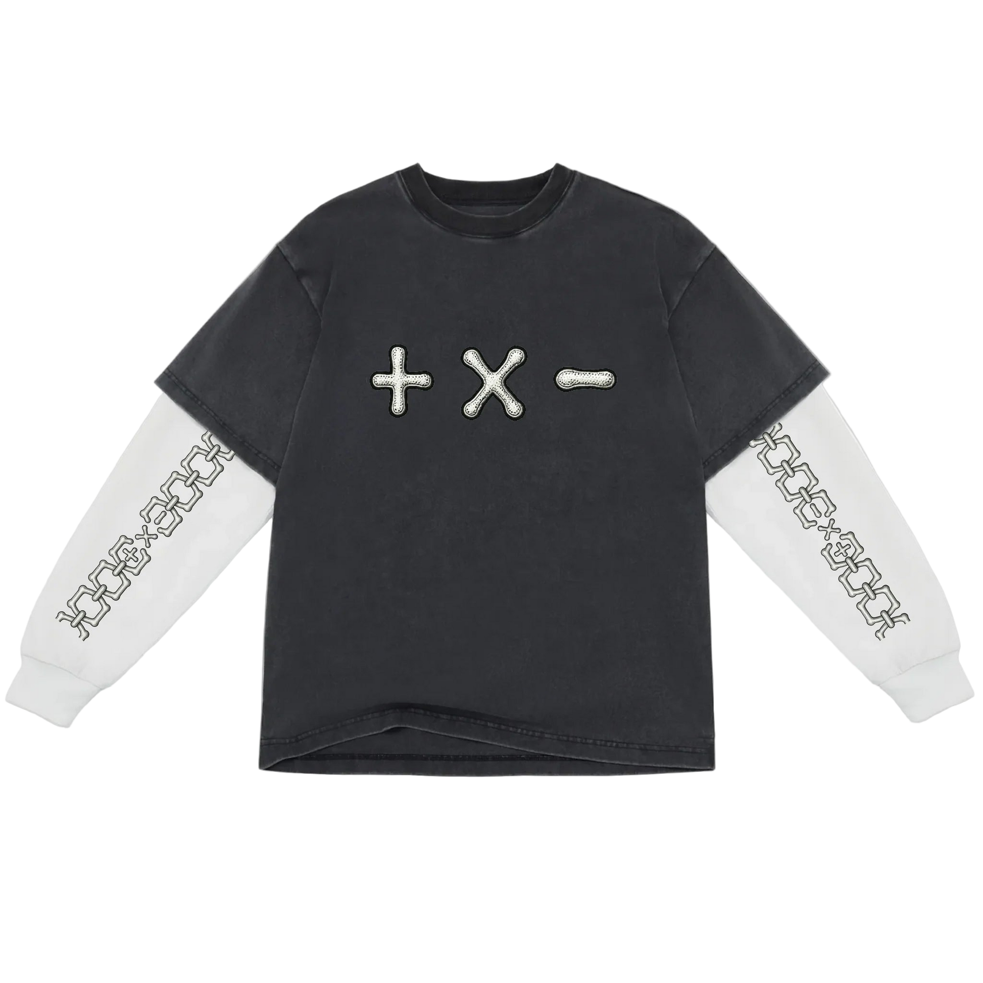 Black long-sleeve shirt with white sleeves featuring symbols and patterns on a white background