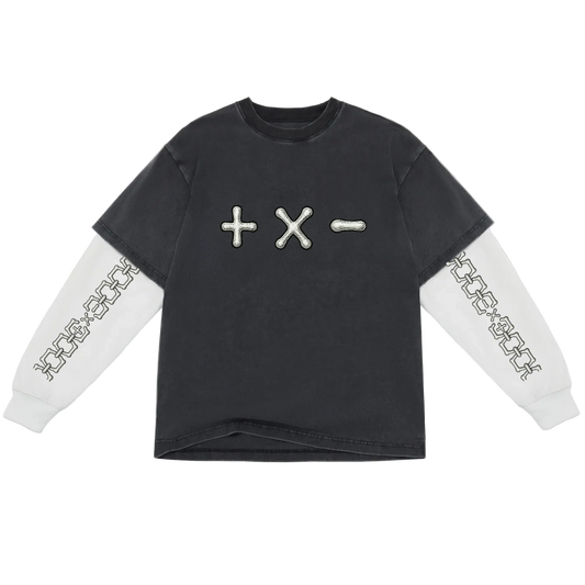 Black long-sleeve shirt with white sleeves featuring symbols and patterns on a white background